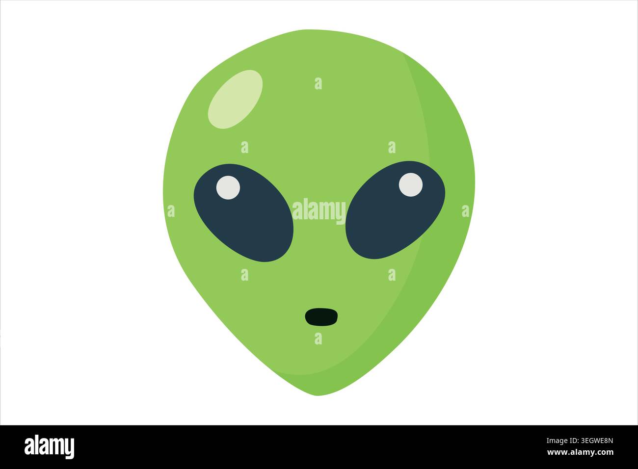 classico volto alieno verde. La testa extraterrestre presenta i tradizionali grandi occhi neri a forma di mandorla e un dettaglio di riflessione della luce sul Illustrazione Vettoriale