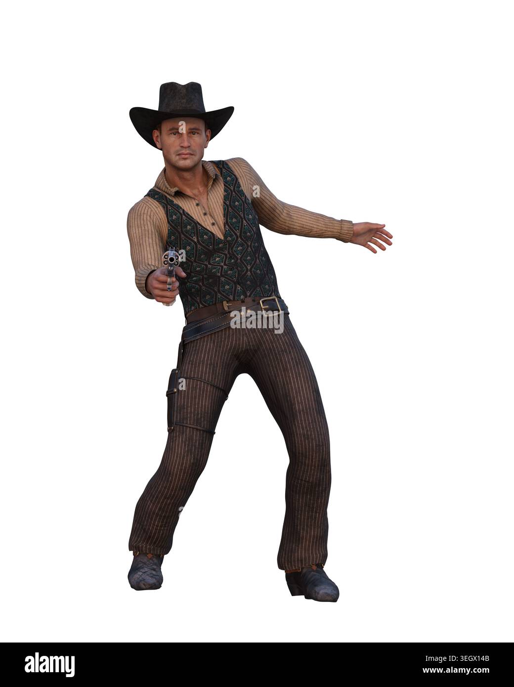 Uomo in abiti vintage del selvaggio West con cappello da cowboy con pistola rivolta allo spettatore. Illustrazione 3D isolata su sfondo bianco. Foto Stock