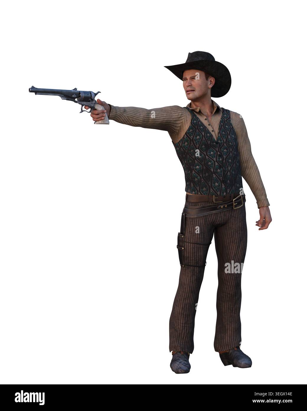 Uomo in abiti vintage del selvaggio West con cappello da cowboy che spara una pistola a mano a sinistra. Illustrazione 3D isolata su sfondo bianco. Foto Stock