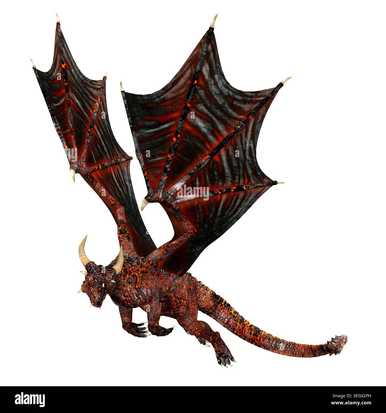 Drago rosso brillante di Hellborn in volo. Illustrazione 3D isolata su sfondo bianco. Foto Stock