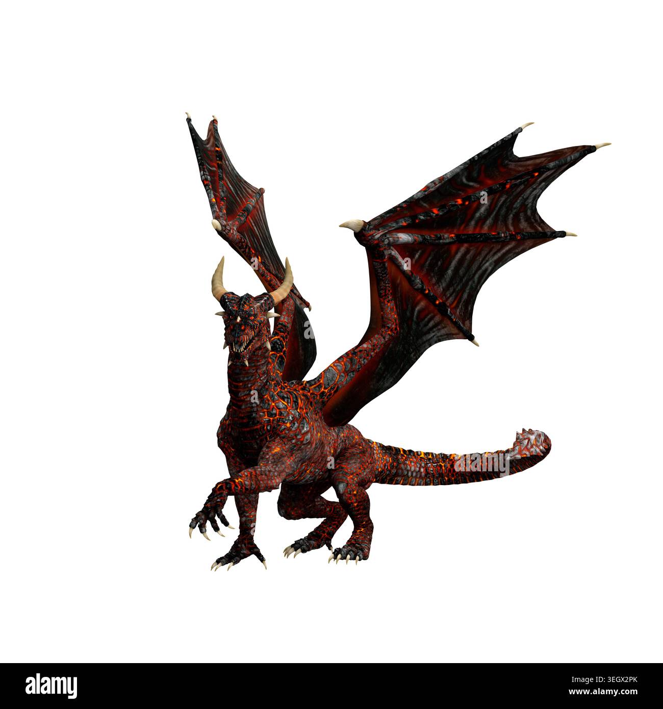Mitico drago dalla pelle rossa che cammina con le ali alzate. Illustrazione 3D isolata su sfondo bianco. Foto Stock