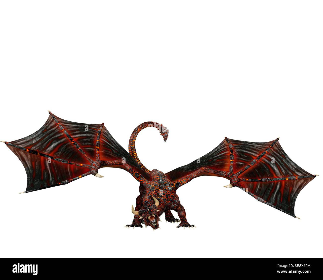 Drago fantasy Hellborn in piedi con ali spalmate e bocca aperta per respirare fuoco. Illustrazione 3D isolata su sfondo bianco. Foto Stock