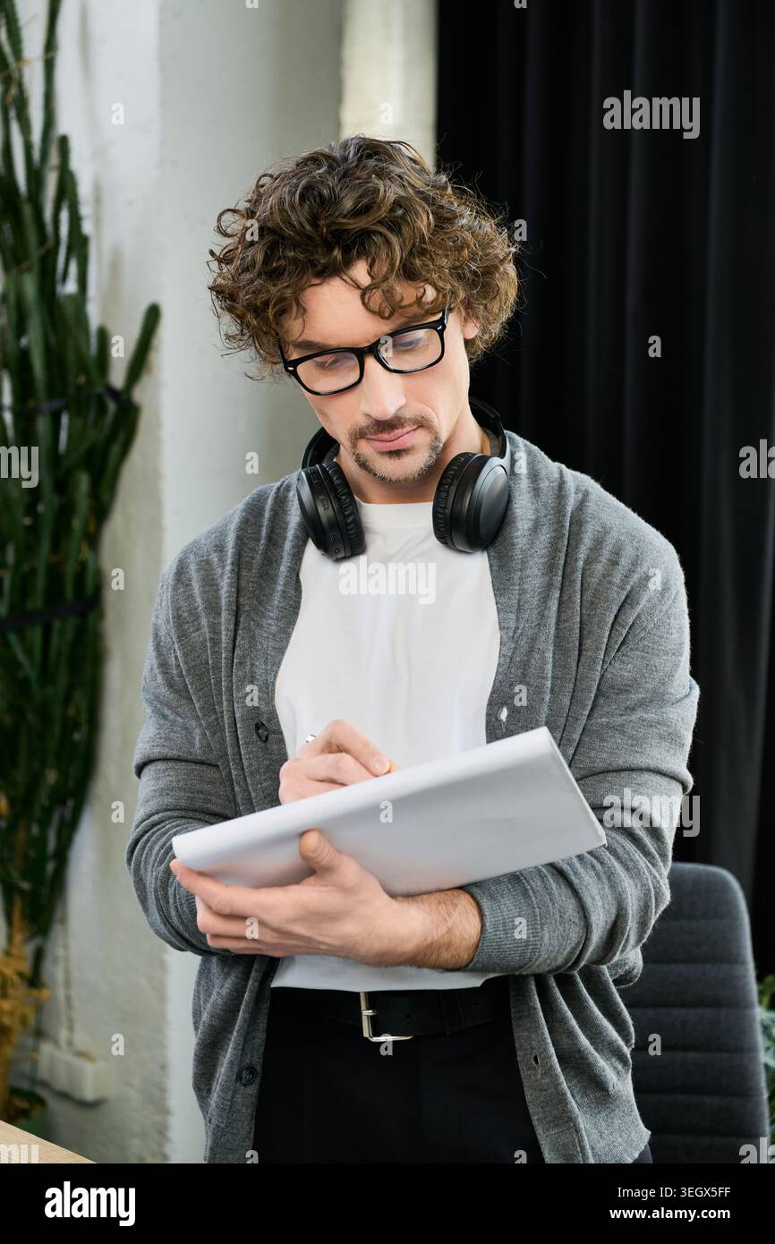 Un bell'uomo che indossa occhiali e cuffie scrive appunti in un elegante ufficio. Foto Stock