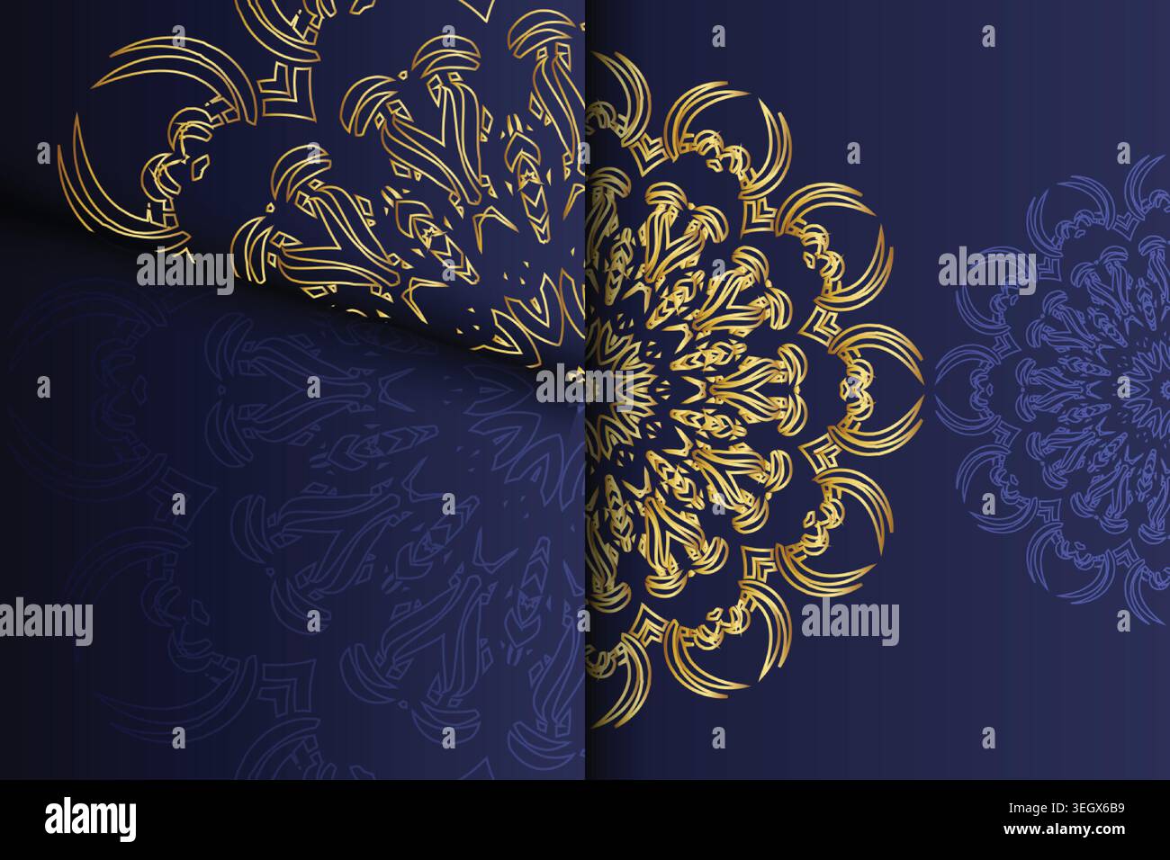 Complesso motivo circolare in blu e oro su tela blu scuro Illustrazione Vettoriale