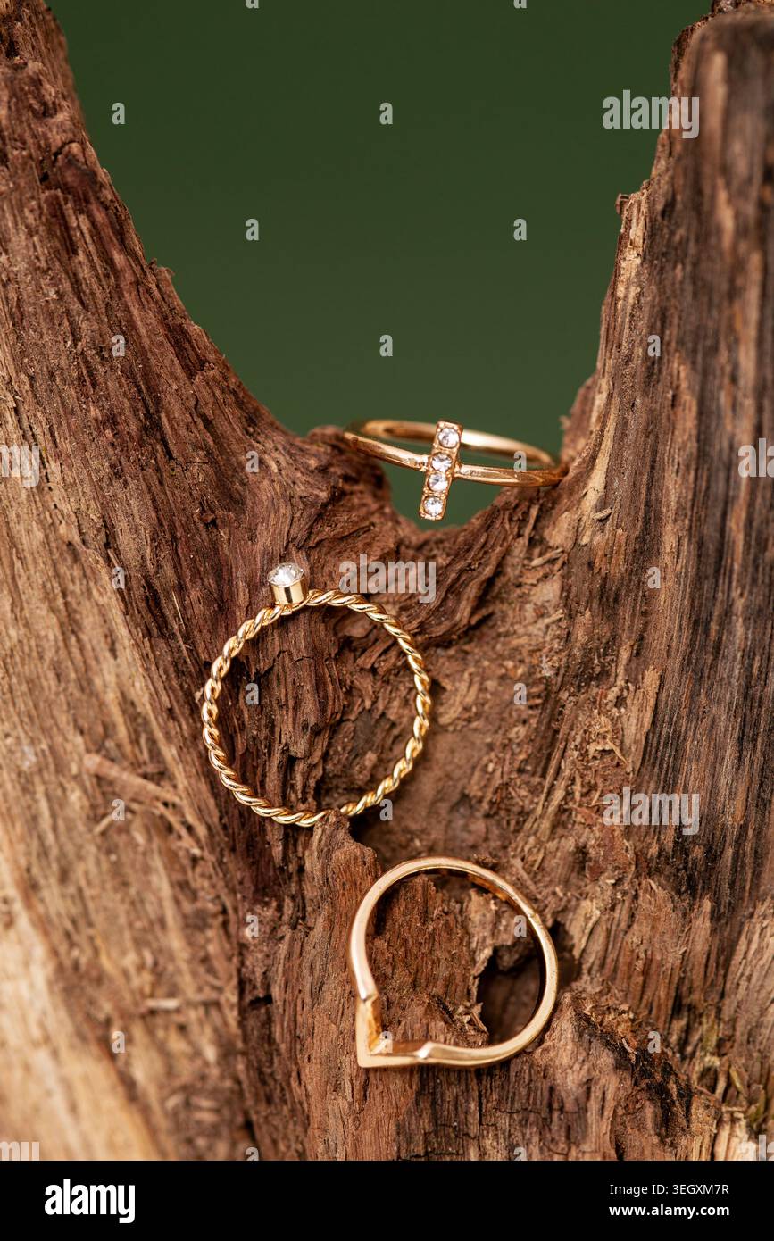 Tre anelli d'oro con diamanti esposti su uno sfondo naturale di corteccia d'albero. Foto Stock