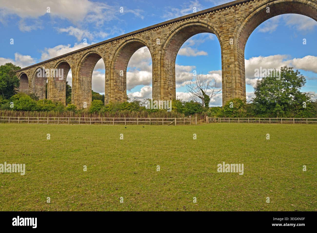 Il viadotto di Cefn si estende su campi erbosi sotto il cielo blu con nuvole in un paesaggio rurale Foto Stock