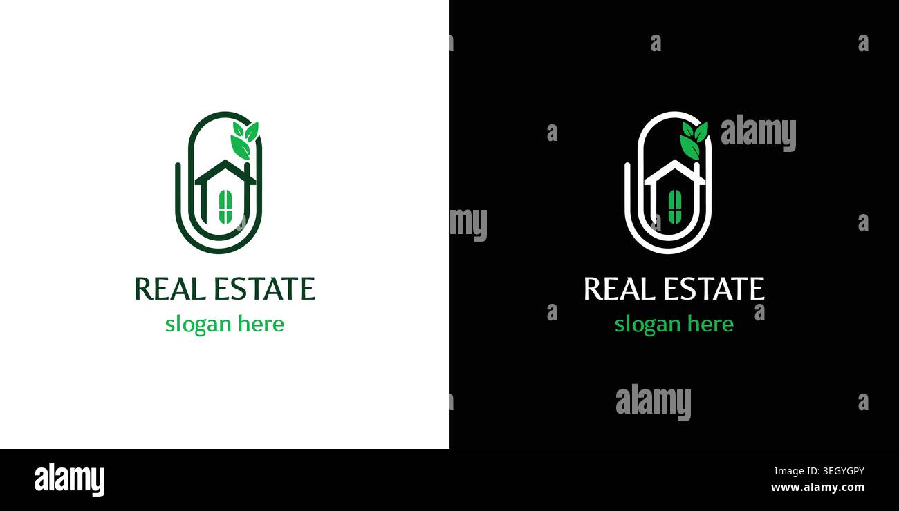Eco Real Estate Logo Green House e Paperclip Illustrazione Vettoriale