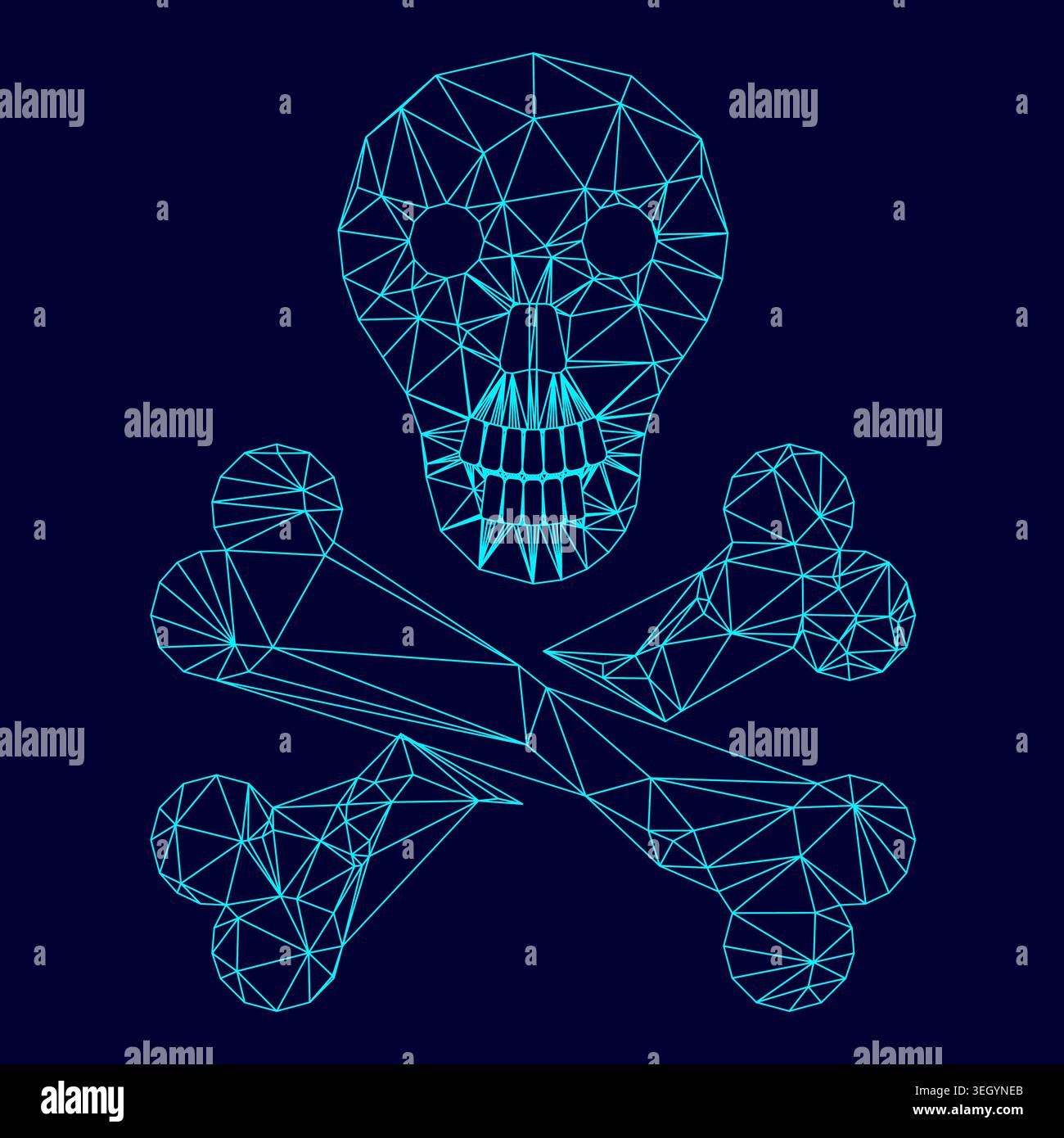 Cranio e ossa bassa triangolazione poligonale elettrica ciano blu blu blu blu blu brillante colore acquaone brillante contorno immagine del vettore di colore Illustrazione Vettoriale