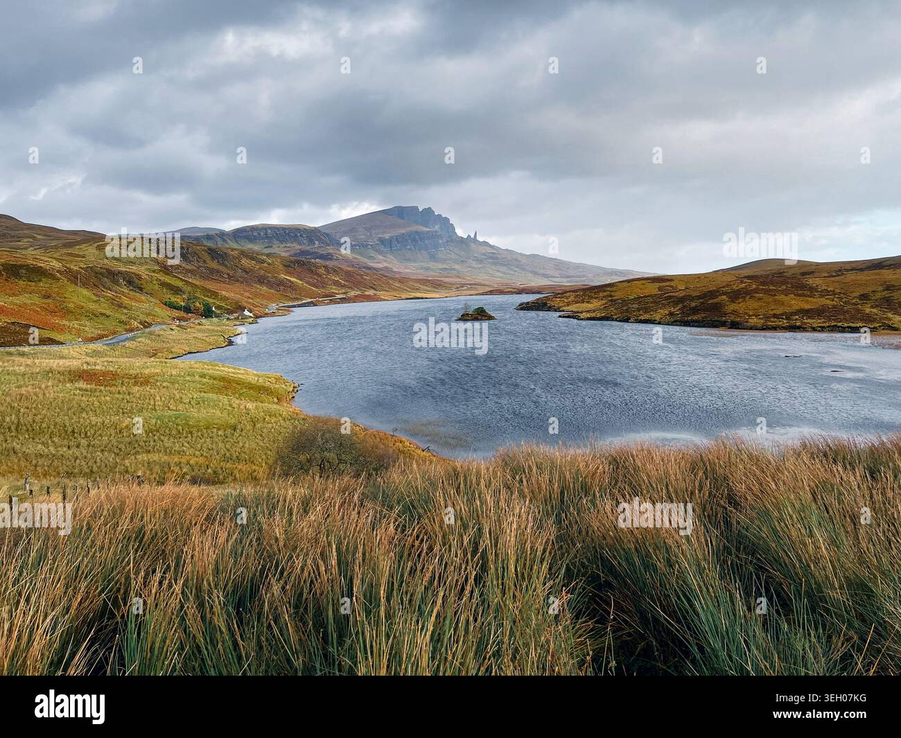 Acque tranquille del lago scozzese delimitate da Grasses e da lontane sagome montane Foto Stock
