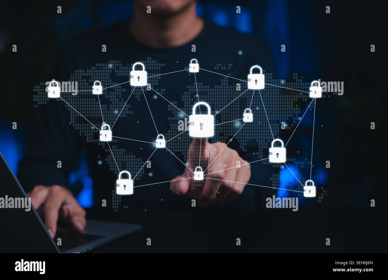 Concetto di protezione della rete di sicurezza informatica. icona lucchetto. gestire l'accesso ai dati crittografati, connessione globale sicura, blocco della privacy, prevenzione delle minacce, Foto Stock