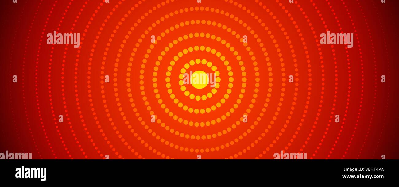 Sfondo cerchio concentrico punto rosso. Dash neon che espande le onde dell'epicentro. Segnale acustico radiale o sfondo con vibrazione. Concetto di target punteggiato, radar o effetto sonar. Sfondo gradiente caldo ondulato vettoriale Illustrazione Vettoriale