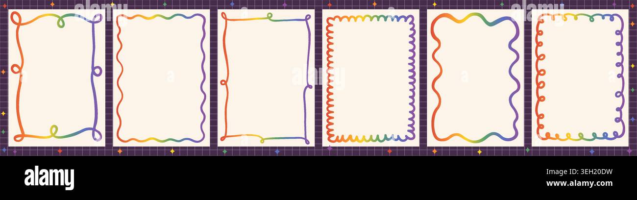 Set vettoriale con cornici ondulate arcobaleno, bordi colorati disegnati a mano per disegni LGBT Pride o inviti per la festa di compleanno dei bambini Illustrazione Vettoriale