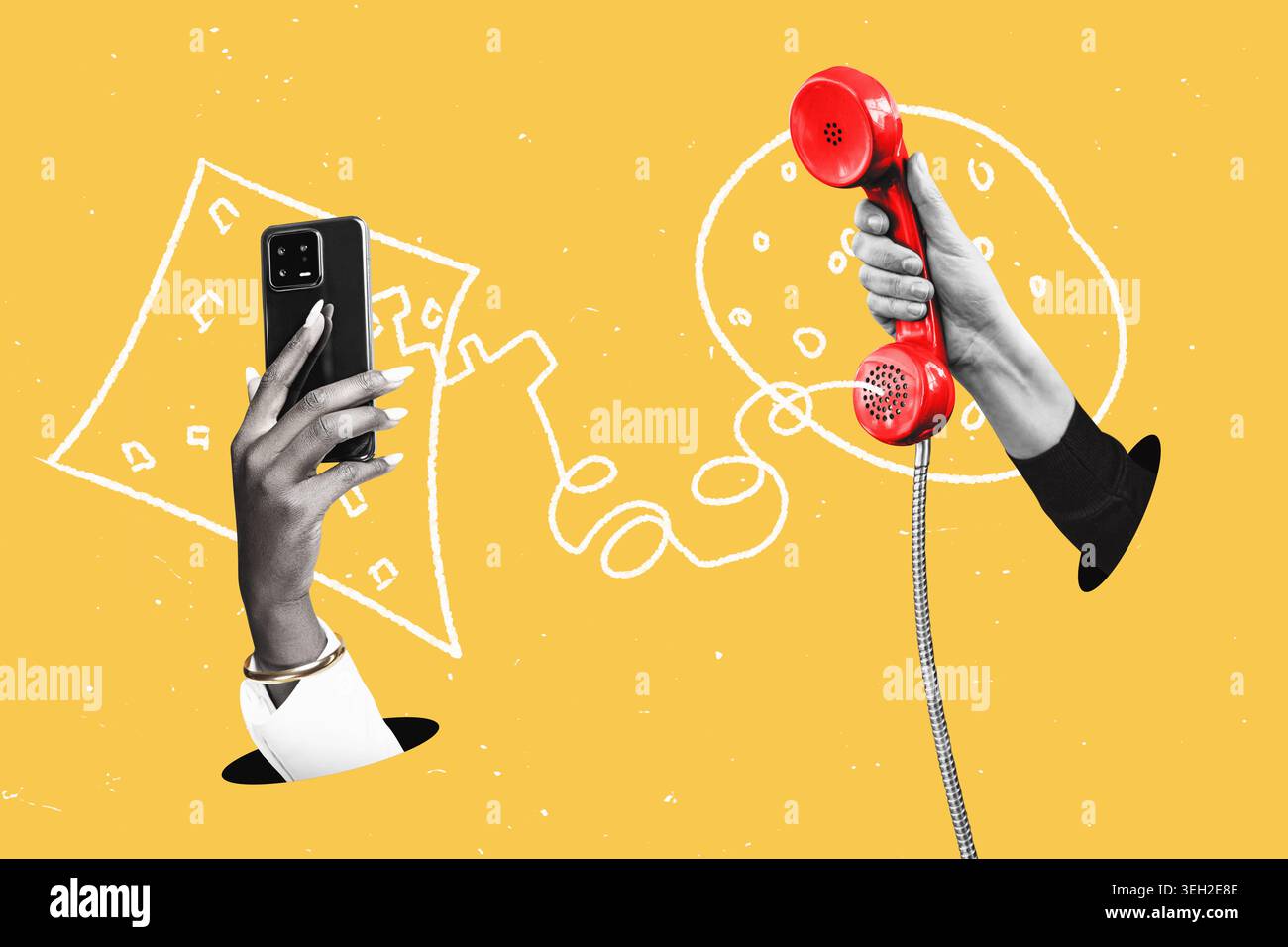 una mano regge un telefono fisso rosso e l'altra regge uno smartphone moderno. Concetto di comunicazione intergenerazionale. Design piatto art. Foto Stock