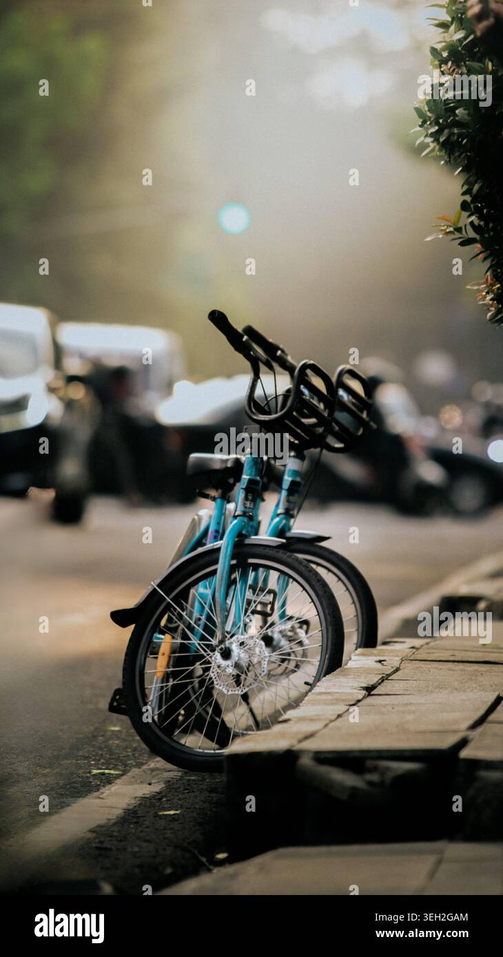 Bicicletta d'epoca parcheggiata in una strada tranquilla durante l'ora d'oro, con una luce cinematografica soffusa e un'atmosfera urbana all'aperto. Foto Stock