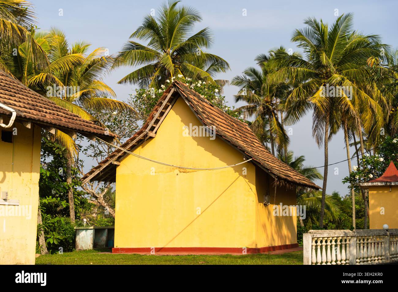Vista di un tradizionale edificio giallo con un tetto piastrellato circondato da lussureggianti palme sotto un cielo limpido a Galle, nella Provincia meridionale dello Sri Lanka. Foto Stock
