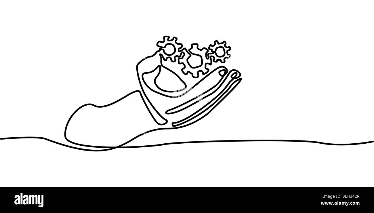 Disegno grafico a linee continue di ingranaggi meccanici a mano umana Illustrazione Vettoriale