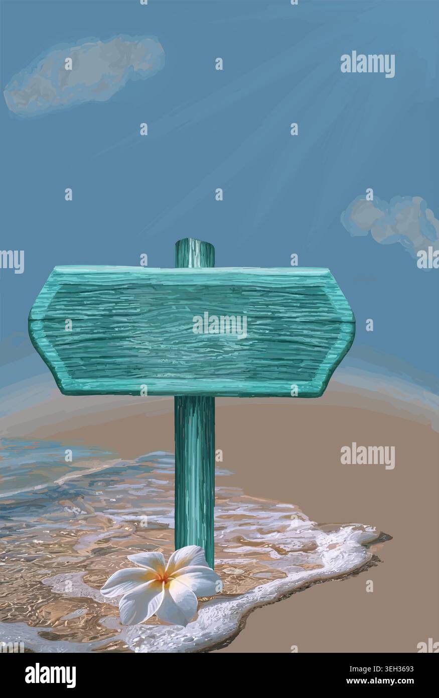Un EPS disegnato in vettoriale dà il benvenuto a un'immagine a tema estivo con il mare, la spiaggia e un cartello di legno. Illustrazione Vettoriale