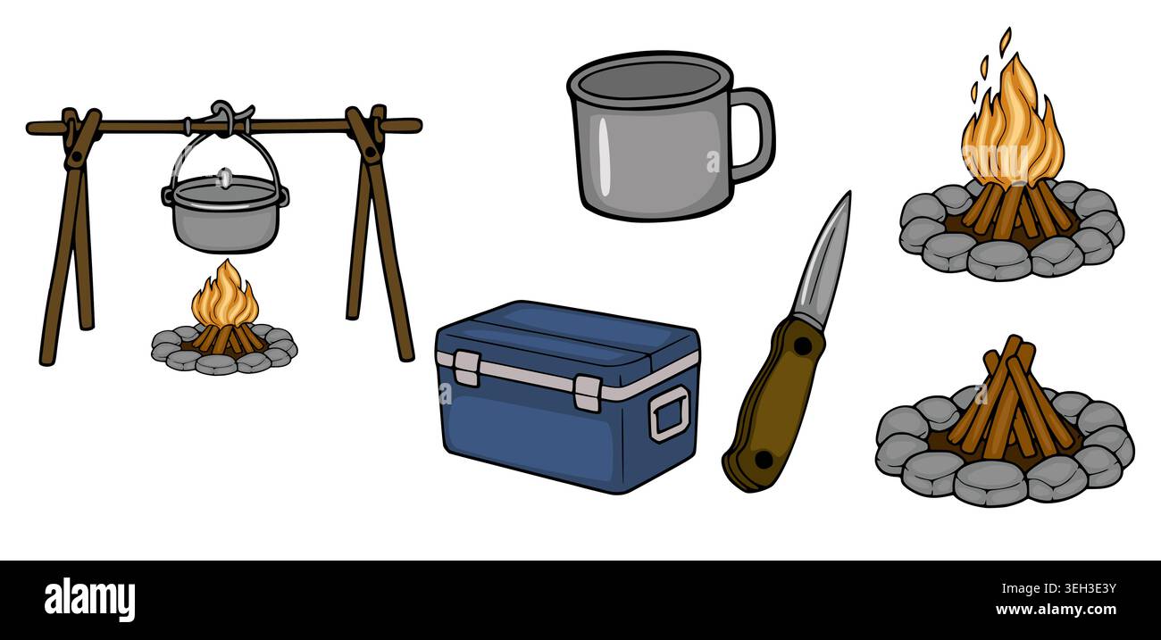 Illustrazione vettoriale degli indispensabili per il campeggio: Fuoco da campeggio, pentola, frigo, tazza, coltello Illustrazione Vettoriale