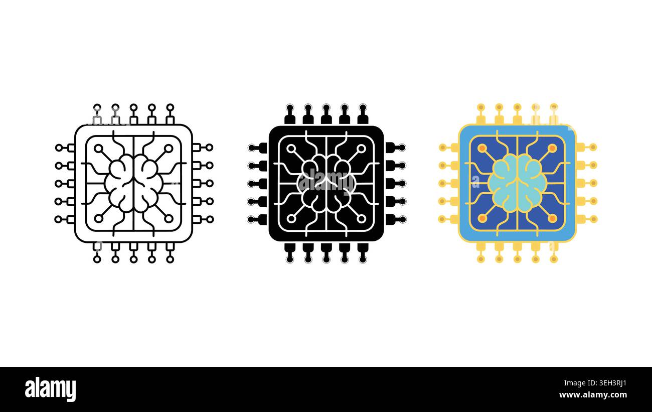Set di icone Microchip di intelligenza artificiale con Brain on Circuit Board Illustrazione Vettoriale