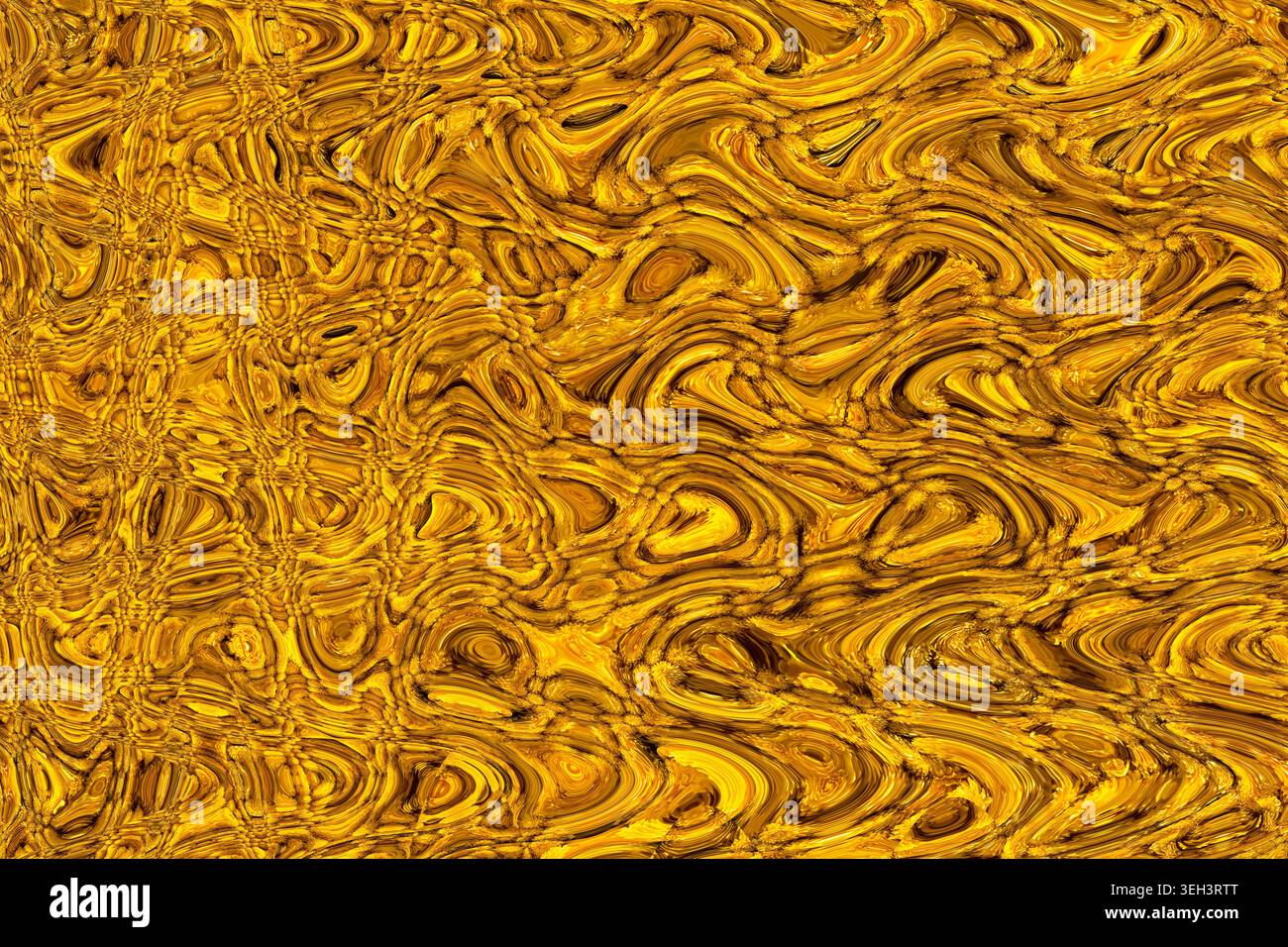 Elegante texture astratta dorata con vorticoso motivo in oro liquido metallico, sfondo premium, superficie in oro intenso, elemento di design opulento, a digitale Foto Stock