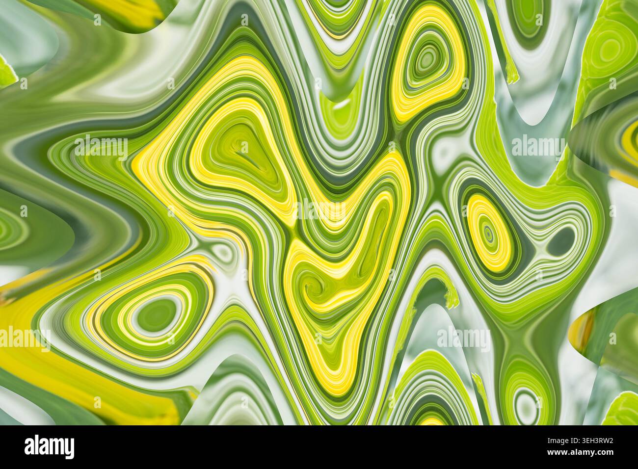 Arte fluida astratta con vorticose tonalità di verde lime giallo e salvia, fantasia fluente organica, texture di sfondo digitale ispirata alla botanica, contemporanea Foto Stock