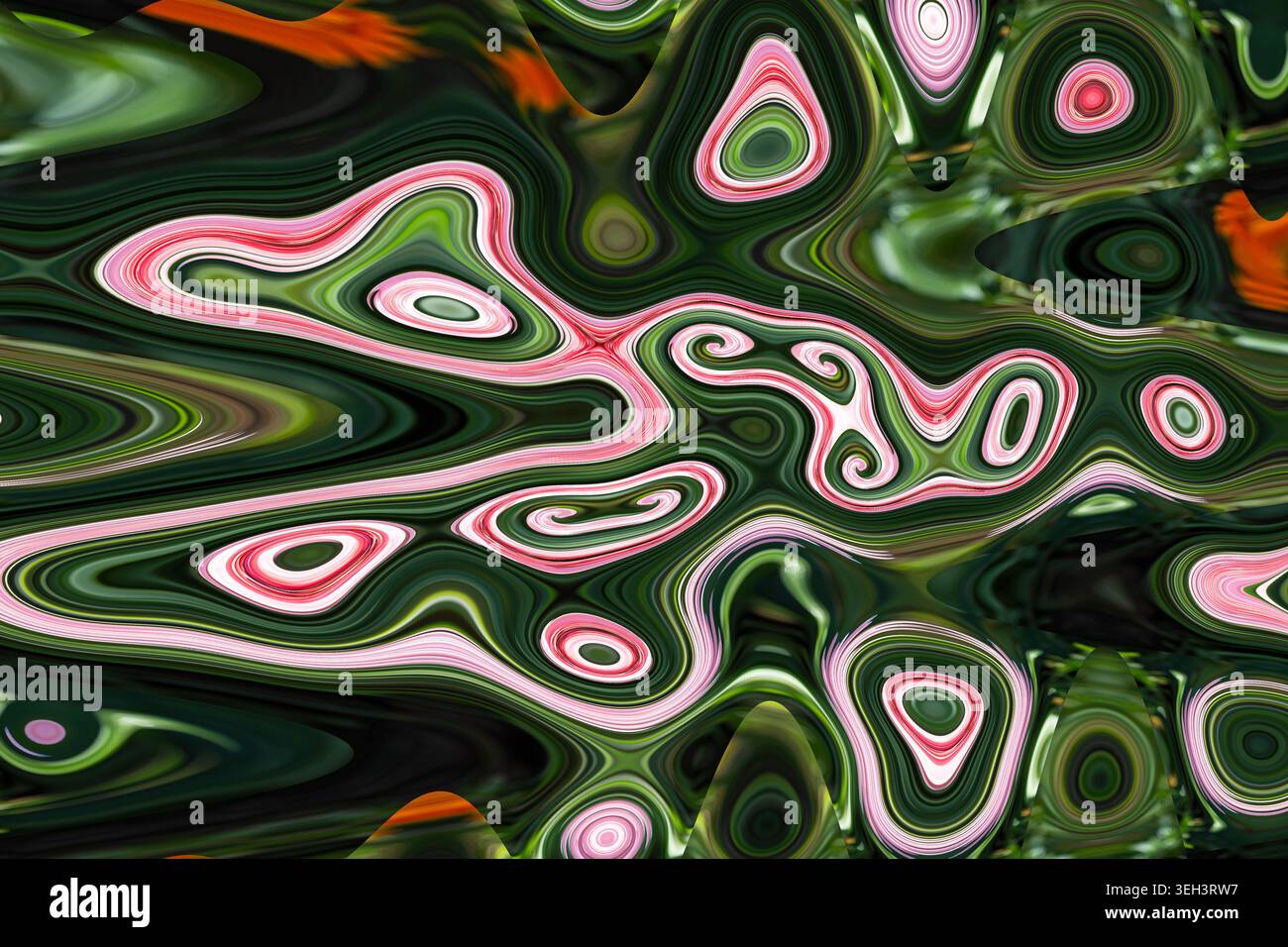 Arte fluida astratta con motivo a vortice organico verde scuro e rosa, texture digitale botanica tropicale, design ispirato alla natura psichedelica, Foto Stock