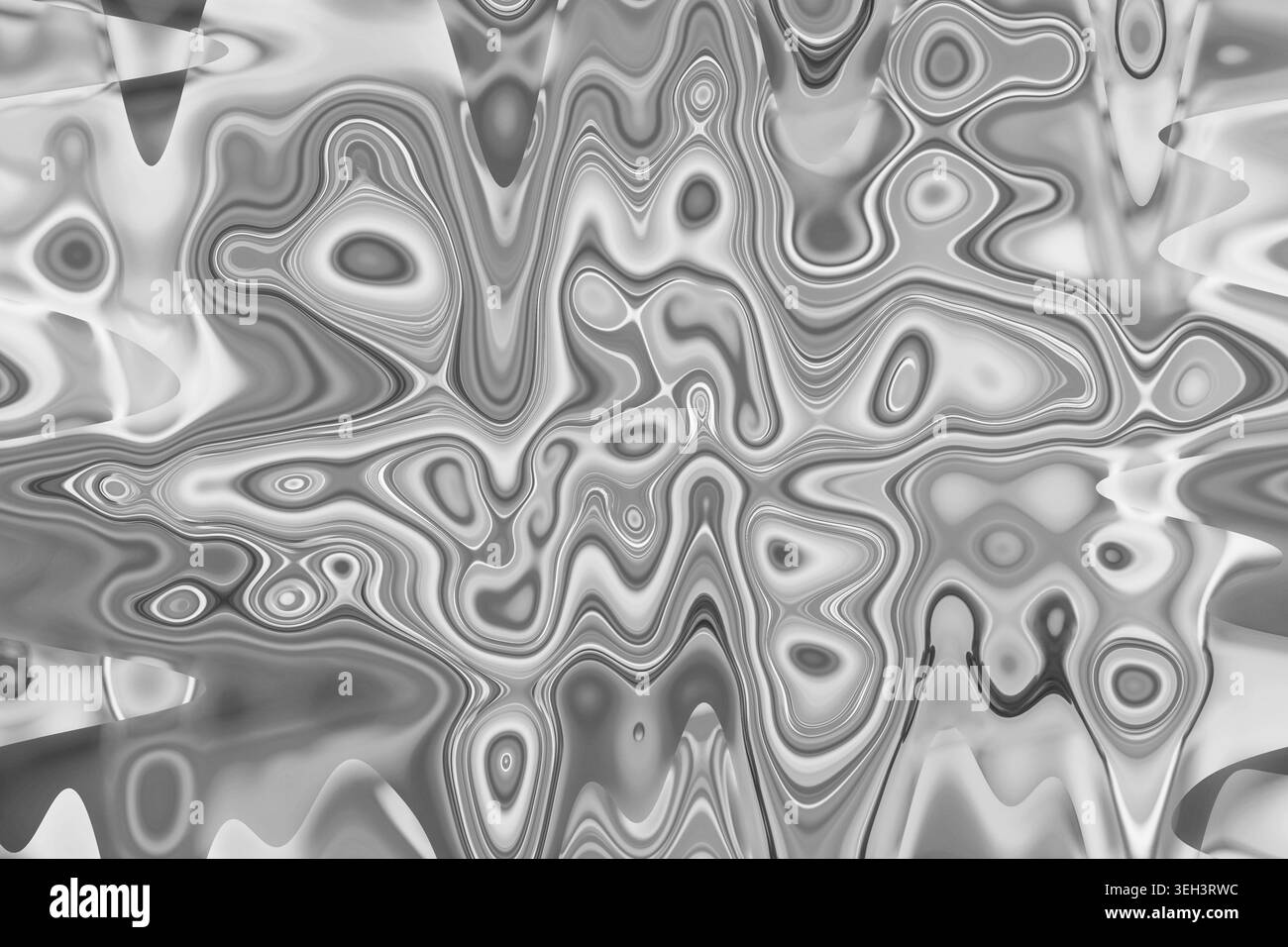 Arte fluida astratta in tonalità di grigio bianco e nero con motivo a vortice organico, texture di sfondo digitale monocromatica, design classico senza tempo, contemporaneità Foto Stock
