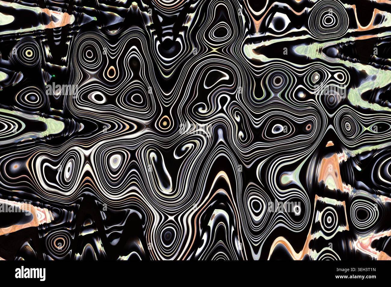 Arte fluida astratta con motivo a turbolenza organico nero bianco e oro, texture di sfondo digitale scuro, design monocromatico psichedelico con calore Foto Stock