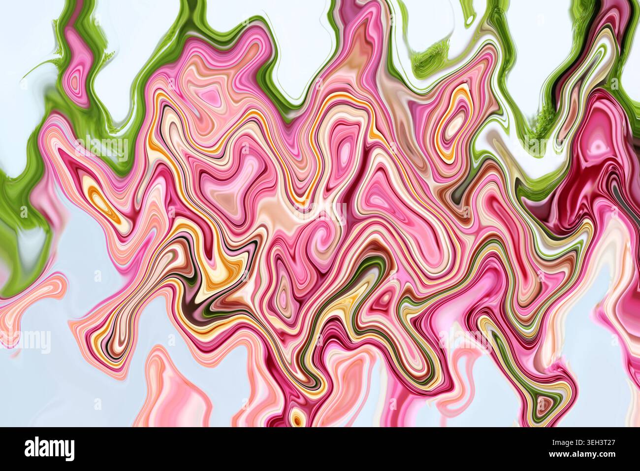 Arte fluida astratta con motivo organico rosa arancione e verde ondulato su sfondo bianco, arte digitale di ispirazione floreale, texture botanica romantica, conte Foto Stock