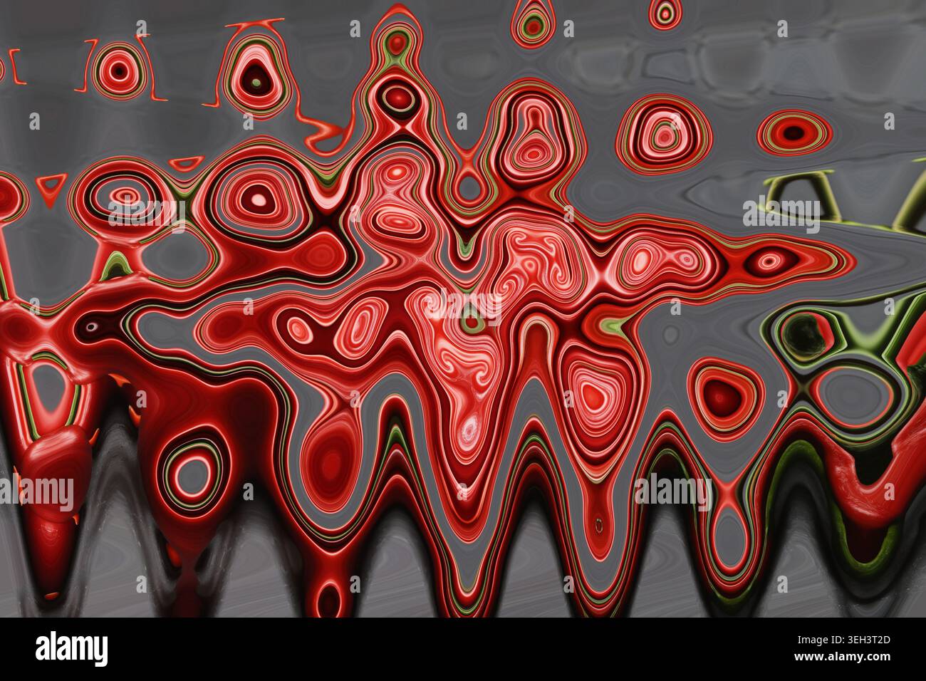 Arte fluida astratta con forme organiche cremisi rosse e cerchi sparsi su sfondo grigio, arte digitale psichedelica, pattern liquido, dramati Foto Stock
