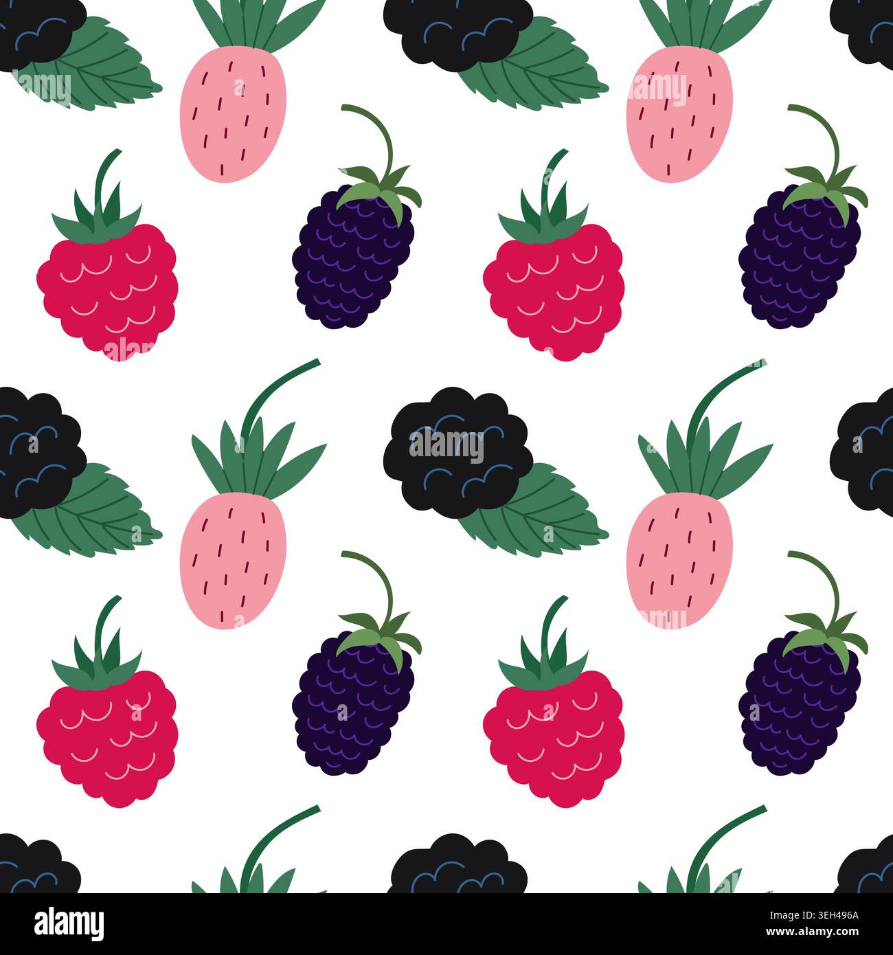 Design a motivi geometrici con fragole, lamponi e more. Ogni frutto ha colori vivaci con foglie verdi. Ideale per il confezionamento di alimenti o per il confezionamento di alimenti Illustrazione Vettoriale