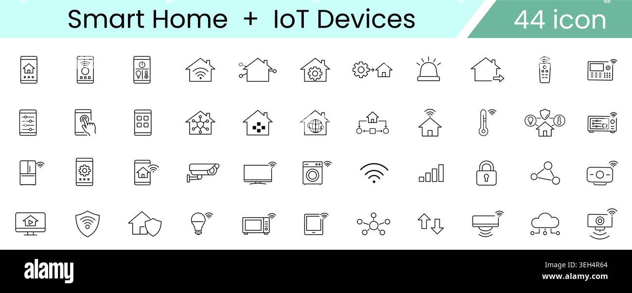Set di icone per dispositivi Smart Home e IoT, tecnologia connessa automazione domestica e icone vettoriali Smart Living Line per sistemi di controllo digitale Illustrazione Vettoriale