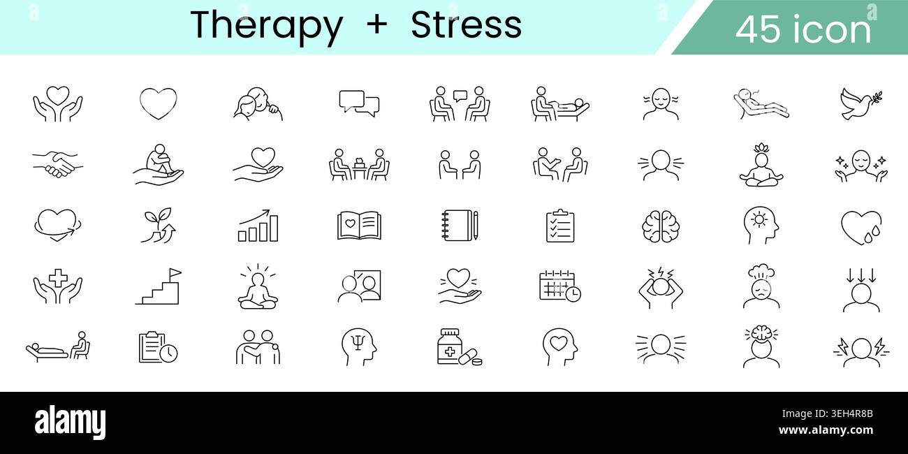Set di icone terapia e stress, consulenza salute mentale rilassamento e linea benessere emotivo icone vettore per Psicologia e Self Care Illustrazione Vettoriale