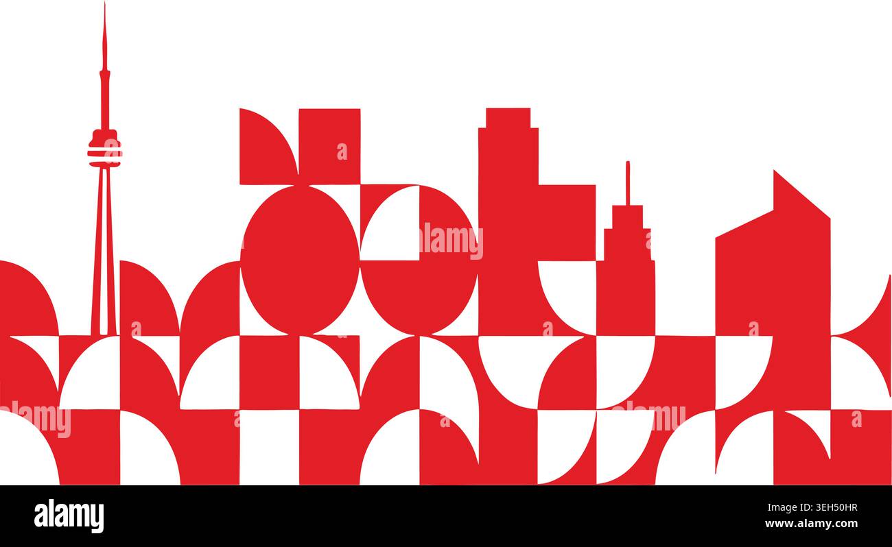 Una rappresentazione grafica stilizzata in rosso e bianco dello skyline di Toronto con la CN Tower e gli edifici geometrici astratti. Illustrazione Vettoriale
