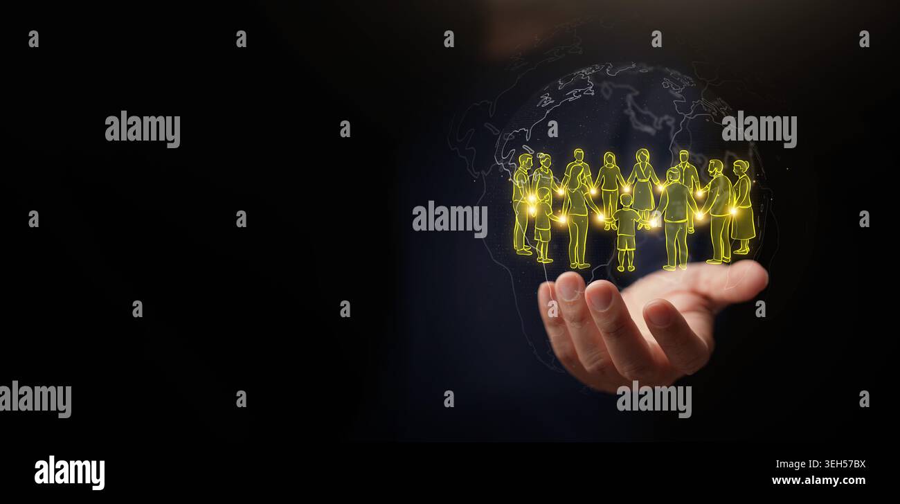 Mano che tiene l'icona del cerchio di connessione della comunità globale con la mappa del mondo su uno spazio di copia scuro. Legame sociale, lavoro di squadra, diversità, sostegno familiare, unità, peopl Foto Stock