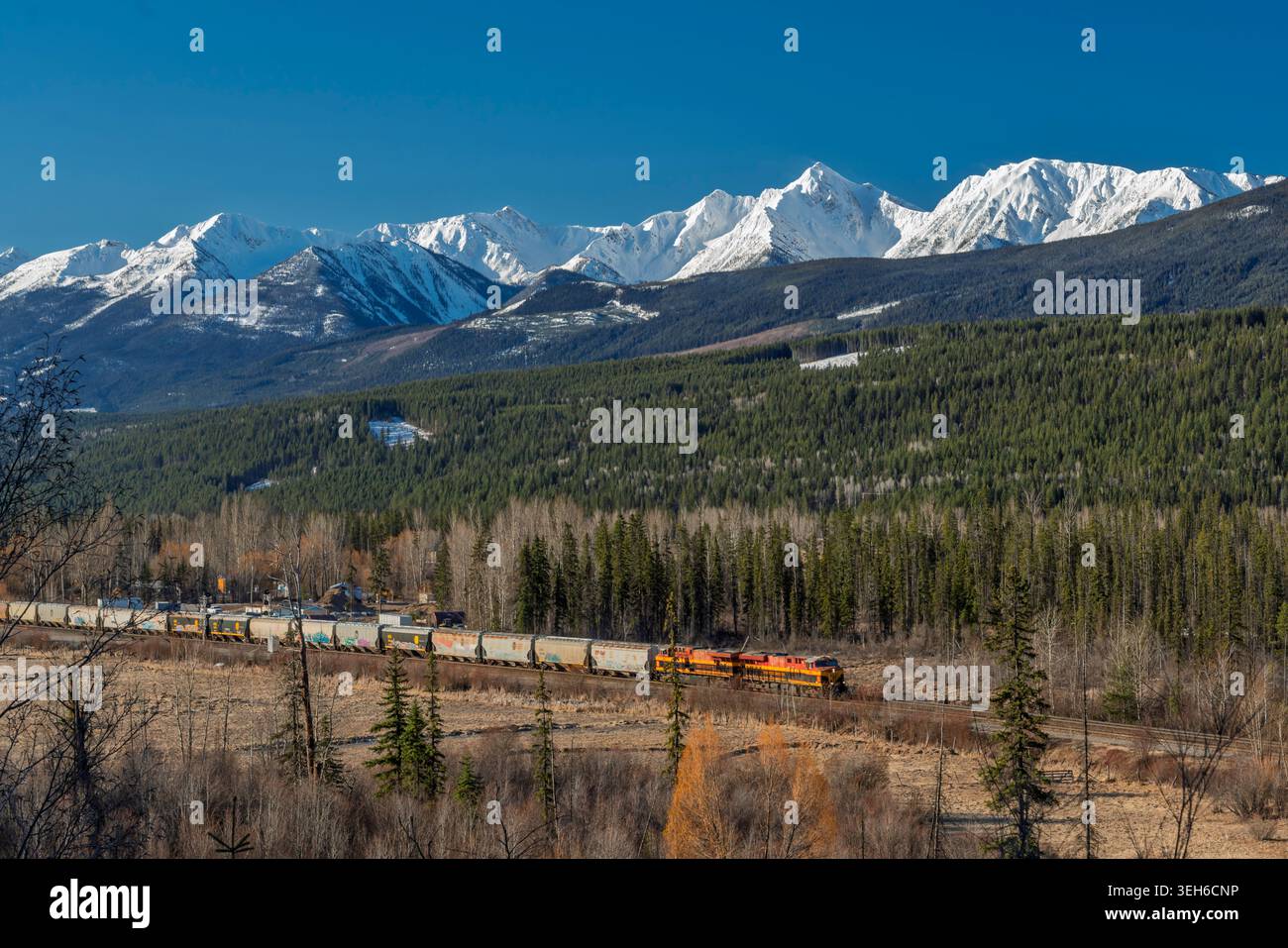 Una vista sulle montagne con un treno merci nella valle vicino a Golden, British Columbia, Canada. Foto Stock