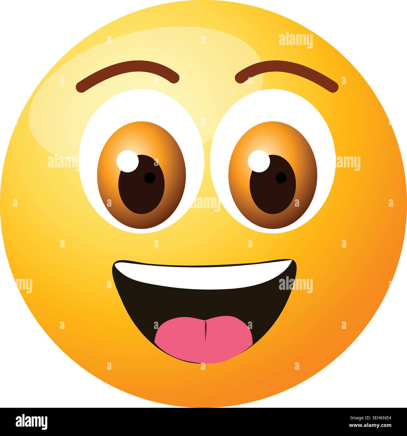 Emoji sorridente e felice con occhi ampi e aperti, una risata eccitata che mostra denti e lingua su un viso giallo lucido isolato sul bianco. Illustrazione Vettoriale