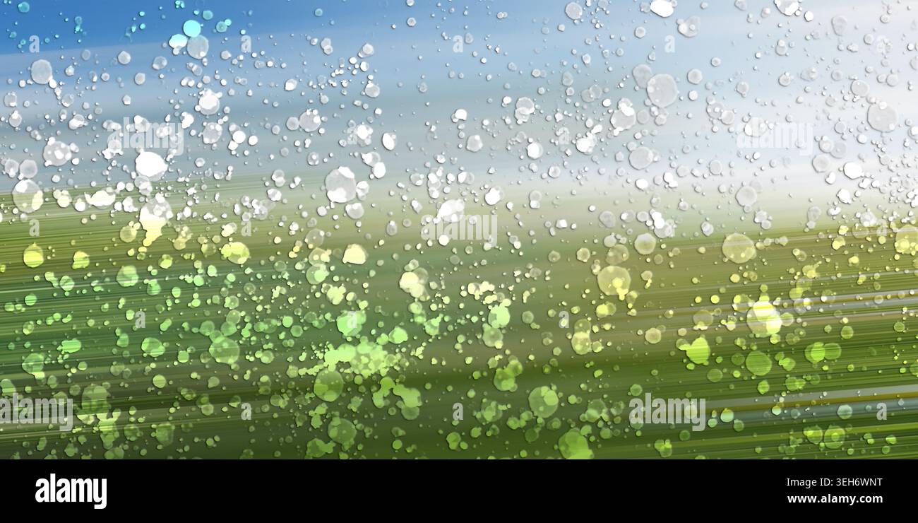 Uno sfondo astratto vibrante che mostra sfocature del movimento orizzontale con particelle di luce sparse e brillanti in sfumature di verde e blu. Foto Stock