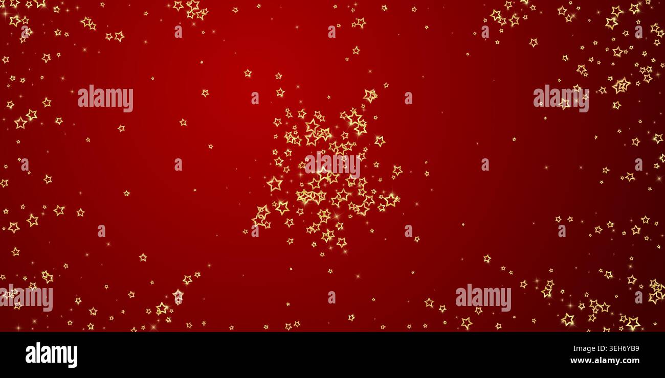 Stelle scintillanti sparse in modo casuale, volando, cadendo giù, fluttuando. Concetto di festa di Natale. Illustrazione vettoriale Festive Stars su sfondo rosso. Illustrazione Vettoriale