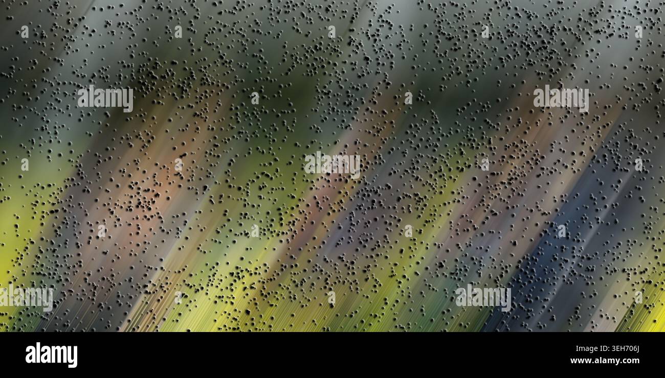 Un'opera d'arte digitale astratta con un vibrante sfondo diagonale multicolore sfocato in movimento sovrapposto a un campo di piccole particelle scure e testurizzate Foto Stock
