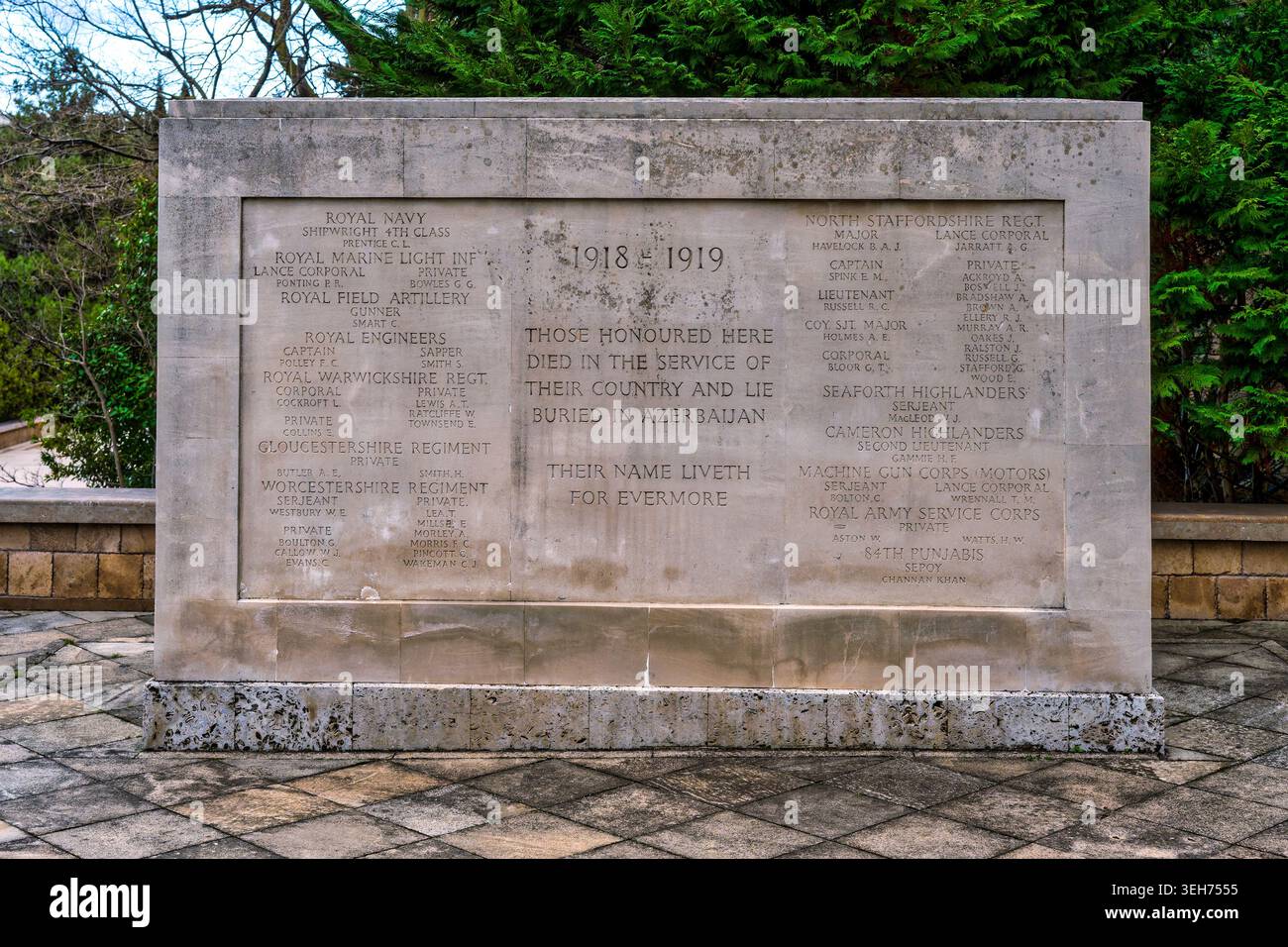 Muro commemorativo del Commonwealth della prima guerra mondiale che elenca i soldati sepolti in Azerbaigian, Martyrs' Lane, Baku. Foto Stock