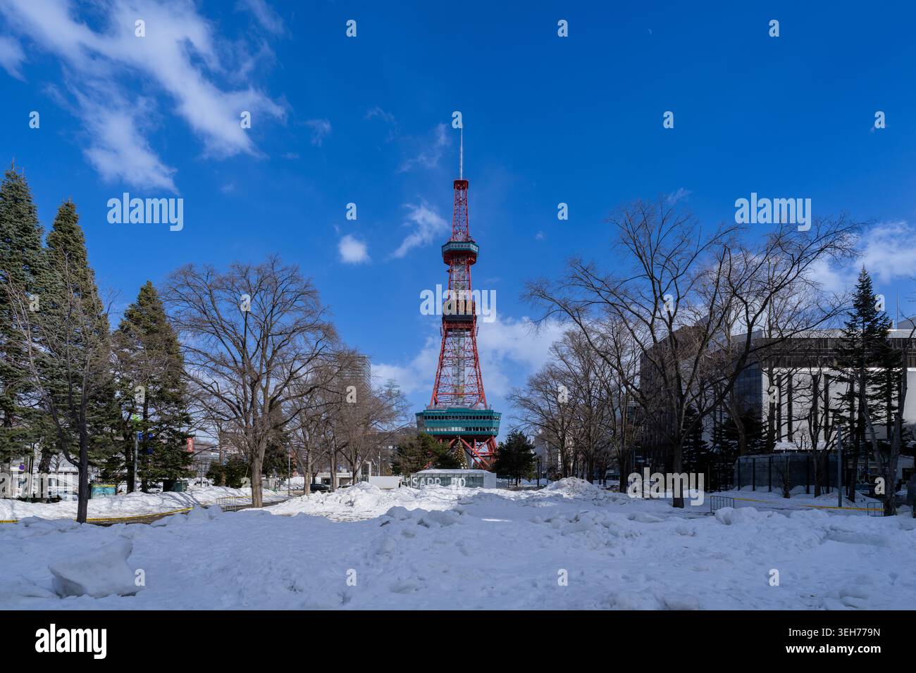 Torre della televisione di Sapporo e Parco odori coperti di neve durante l'inverno, punto di riferimento del paesaggio urbano a Sapporo, Hokkaido, Giappone Foto Stock