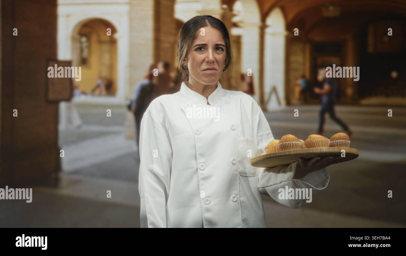 Chef donna che tiene in mano un vassoio di muffin in legno con la mano destra, che grida mentre presenta prodotti da forno in un edificio storico; ospitalità scomoda. Foto Stock