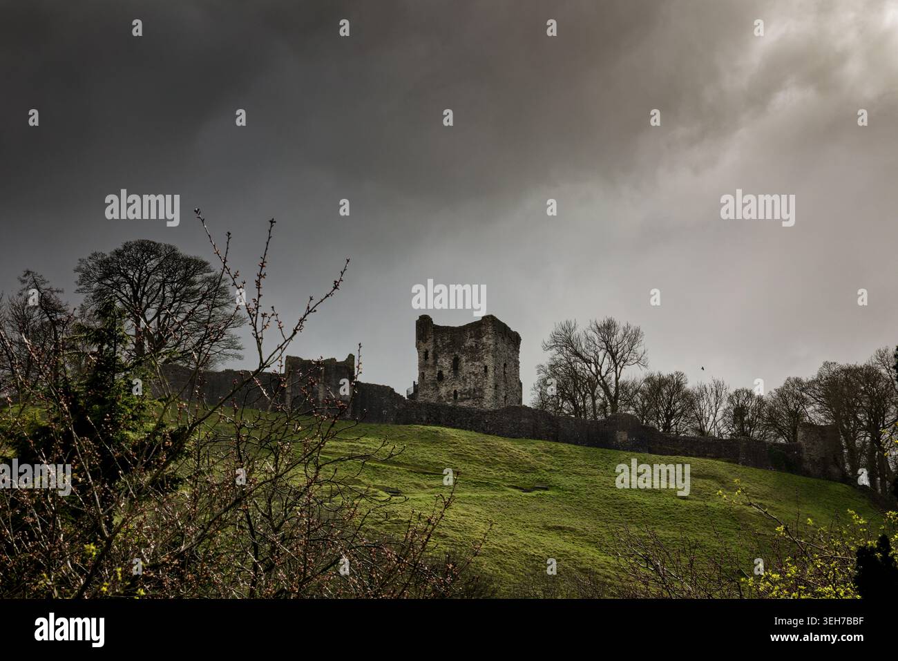 Un castello medievale in rovina si trova sulla cresta di una collina sopra gli alberi in condizioni di pioggia, Castleton, High Peak, Derbyshire. Foto Stock
