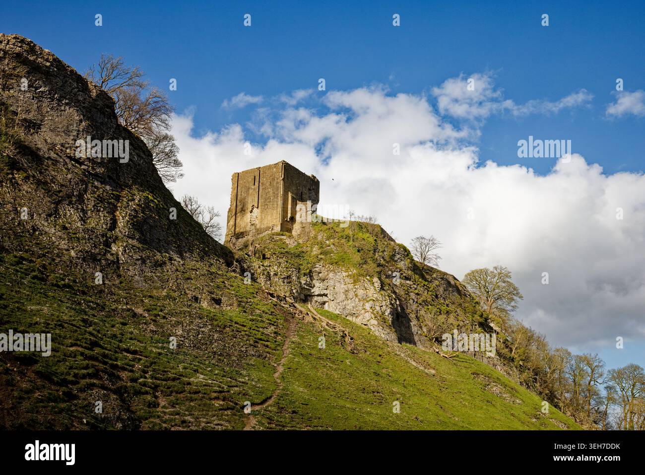 Il castello medievale corona la cima di una falesia rocciosa che si innalza da pendii erbosi, Castleton, Peak District, Derbyshire, Inghilterra. Foto Stock