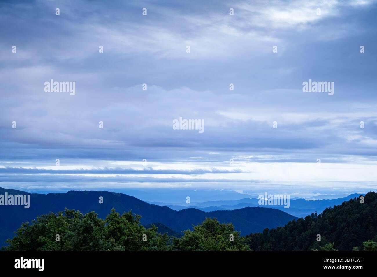 Colline verdi ondulate e fitte foreste si estendono verso l'orizzonte sotto un cielo spettacolare e coperto nell'Himalaya indiano. Foto Stock