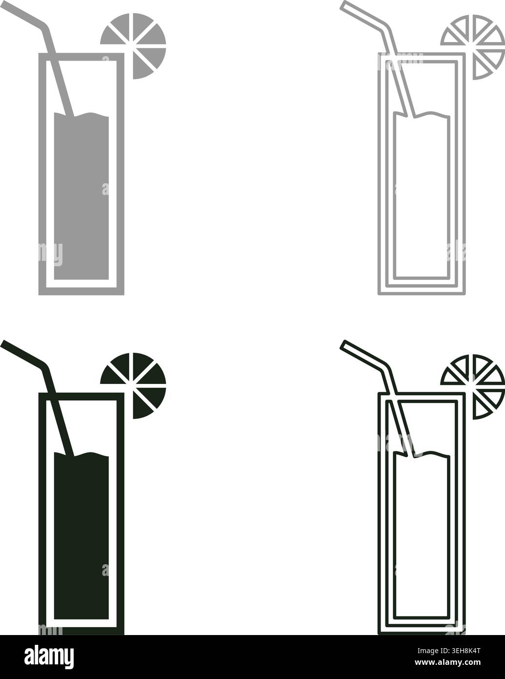 Cocktail con paglia e limone in vetro bevanda alcolica concetto tempo libero bevanda lime Set icona coda di cavallo grigio nero immagine vettoriale Illustrazione Vettoriale