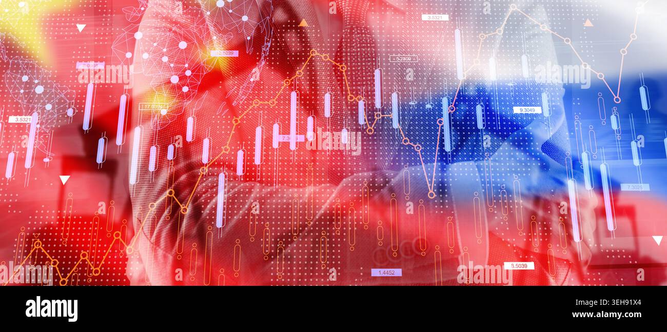 Rappresentazione digitale dell'analisi del prezzo del petrolio con grafici finanziari e flag sovrapposti che illustrano le tendenze economiche globali Foto Stock