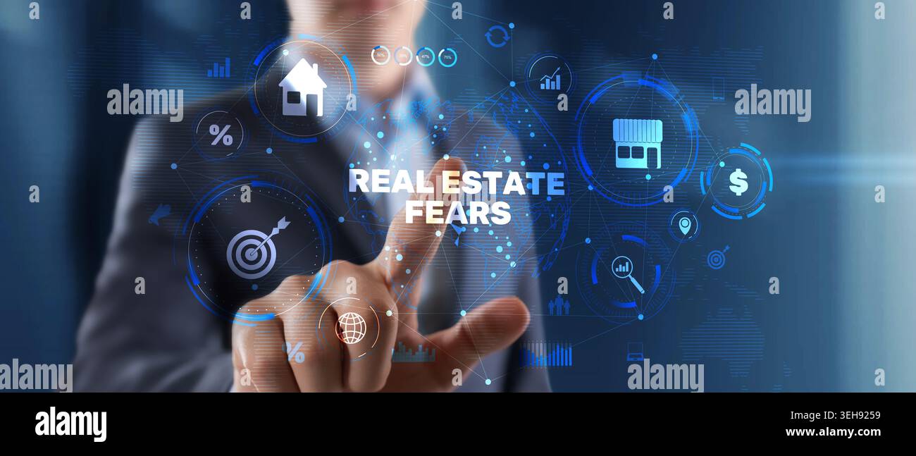 Il settore immobiliare teme il rischio del mercato immobiliare interfaccia con l'incertezza degli investimenti immobiliari e analisi finanziaria. Foto Stock