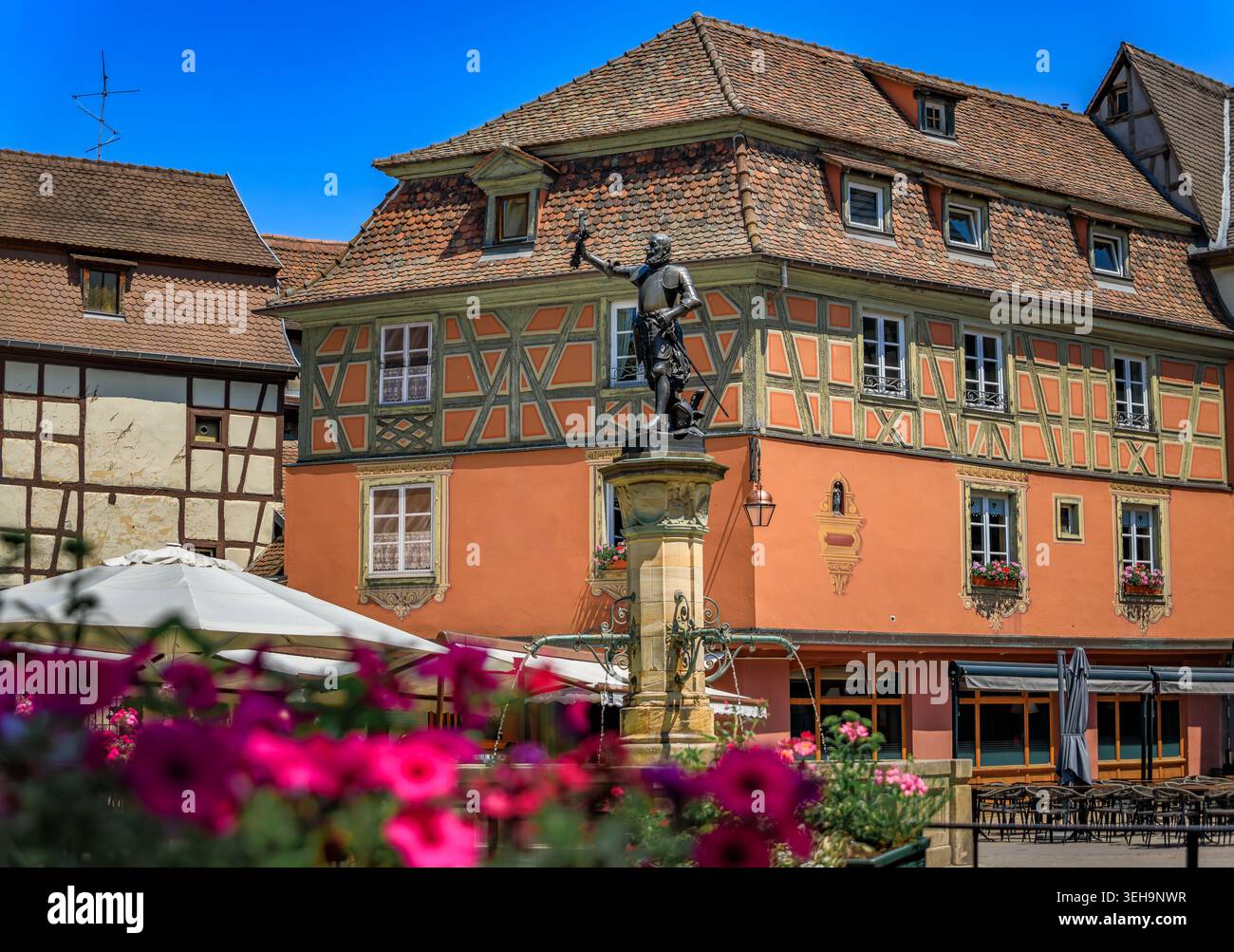 1898 Statua di Lazare de Schwendi con una vite in cima a una fontana storica di fronte a una tradizionale casa in legno di Colmar, Francia Foto Stock